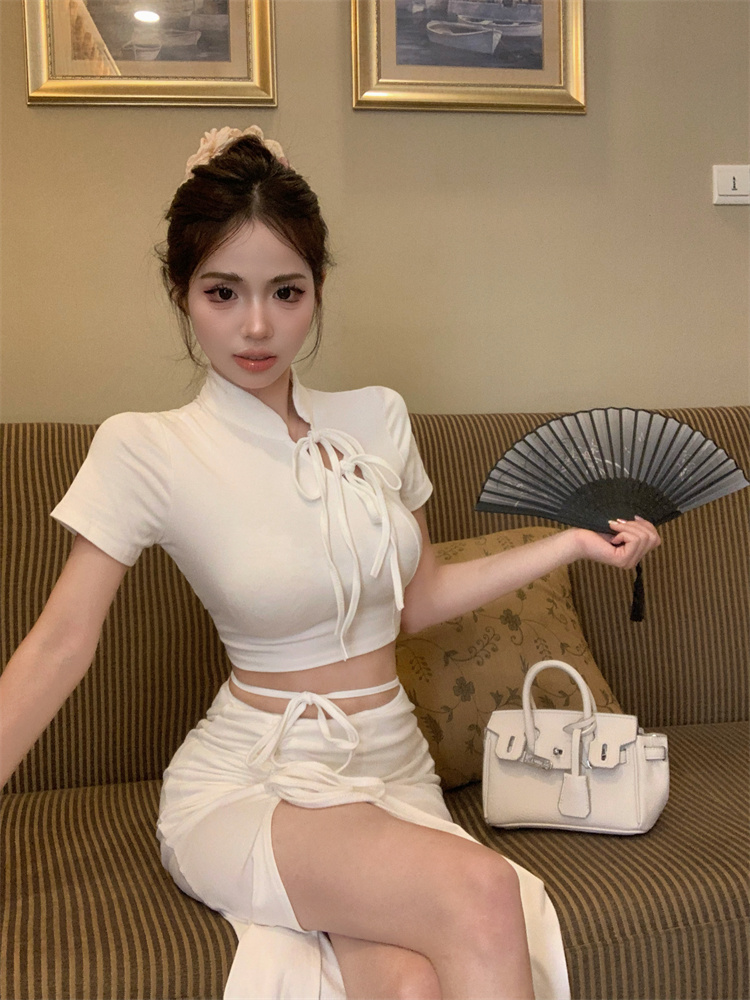High waist cheongsam drawstring skirt a set for women