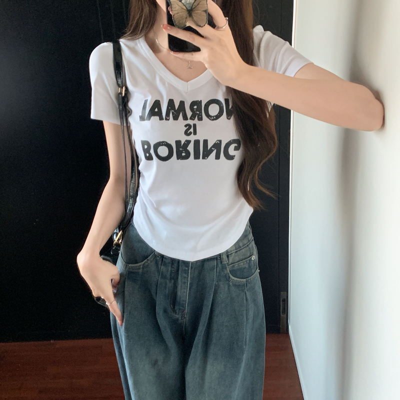 V-neck letters tops all-match Korean style T-shirt