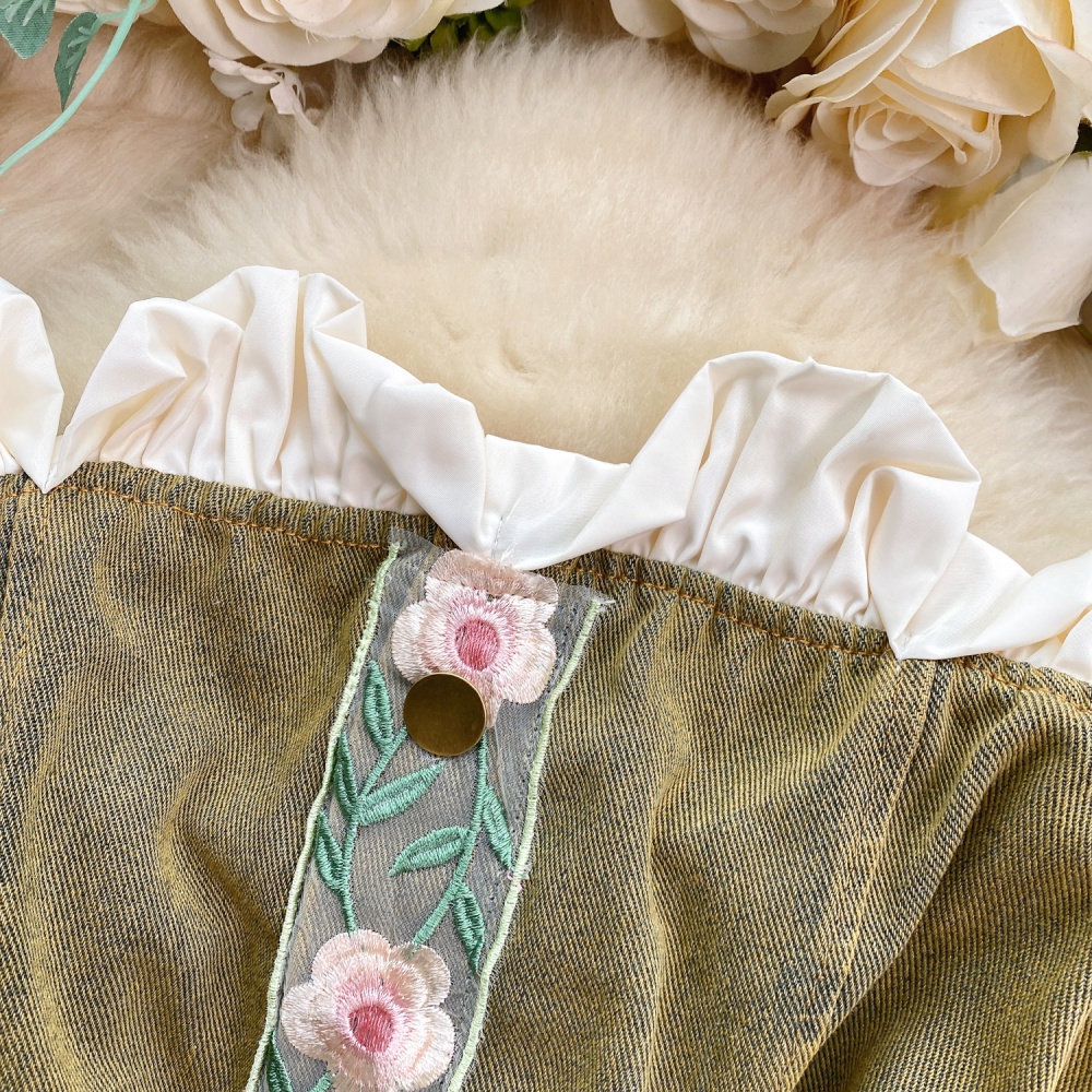 Retro denim flowers tops embroidery sweet vest for women