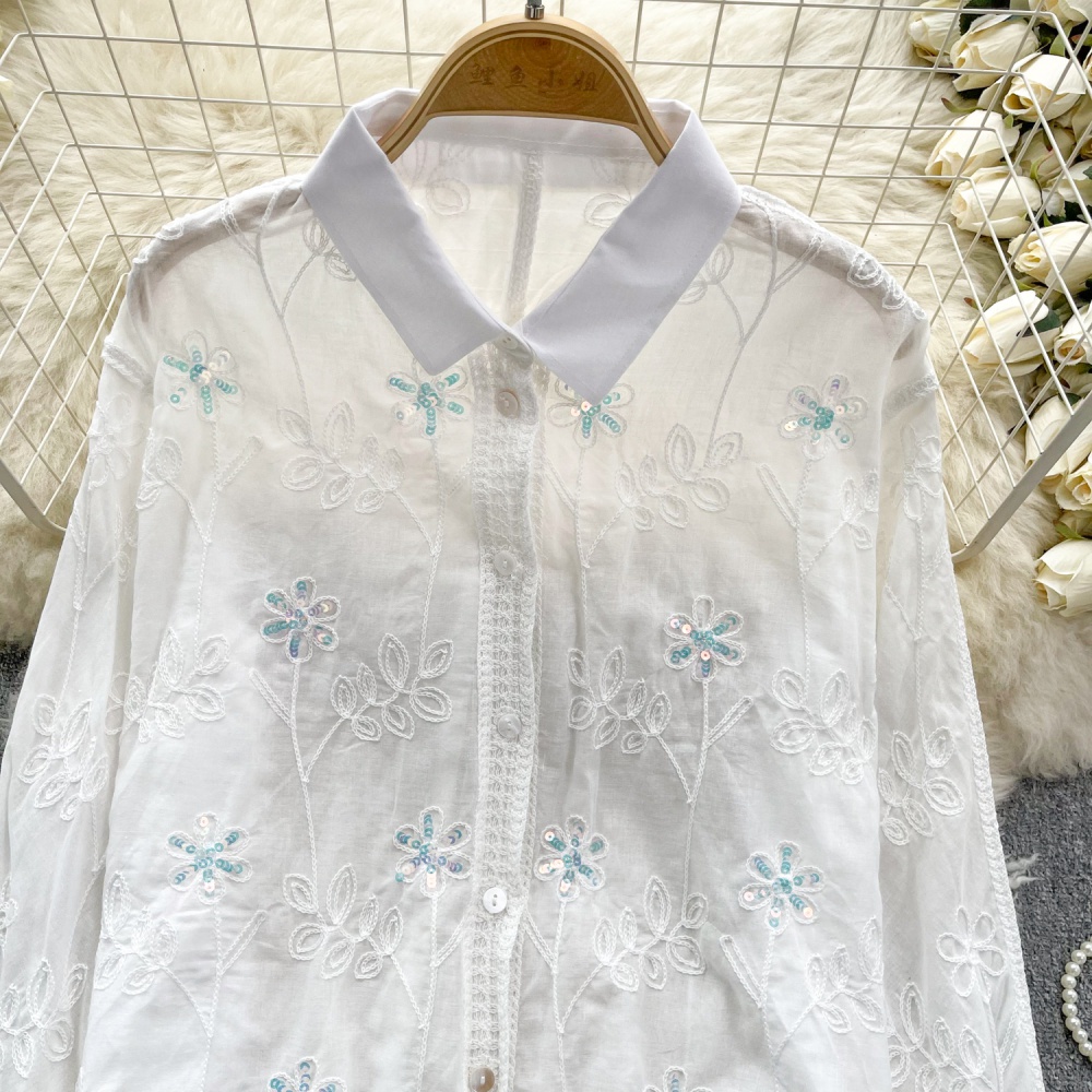Embroidery spring slim tops loose temperament sequins shirt