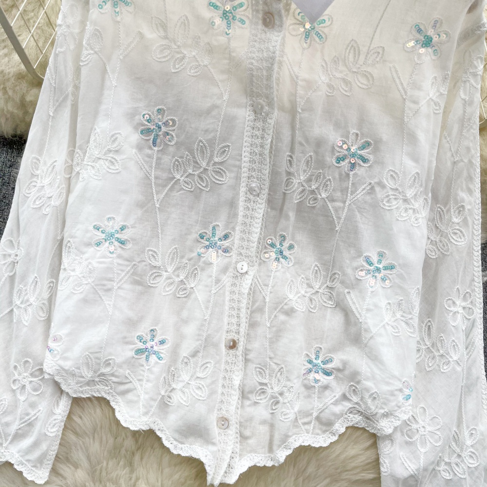 Embroidery spring slim tops loose temperament sequins shirt