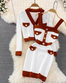 V-neck sling dress knitted fashion coat 2pcs set for women