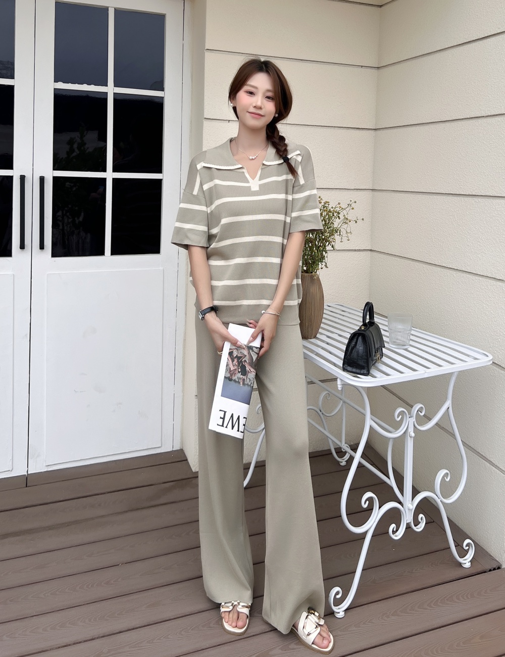 Casual knitted stripe high waist mixed colors tops a set