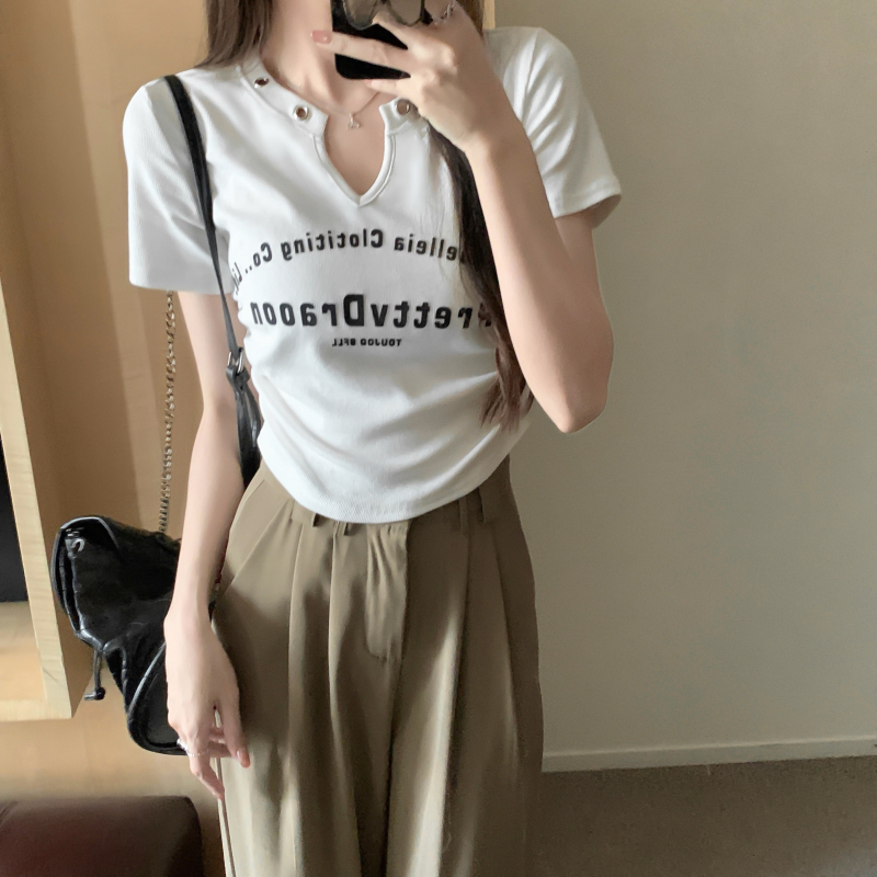 Printing V-neck T-shirt short tops for women