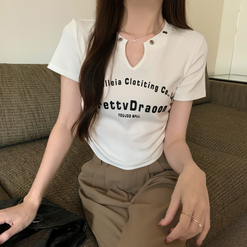 Printing V-neck T-shirt short tops for women