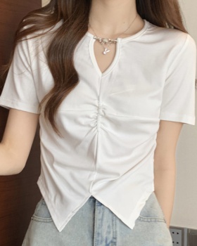 V-neck short sleeve tops pinched waist T-shirt for women