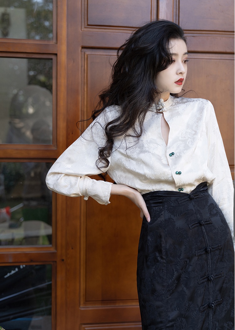Chinese style high waist short skirt simple jacquard tops