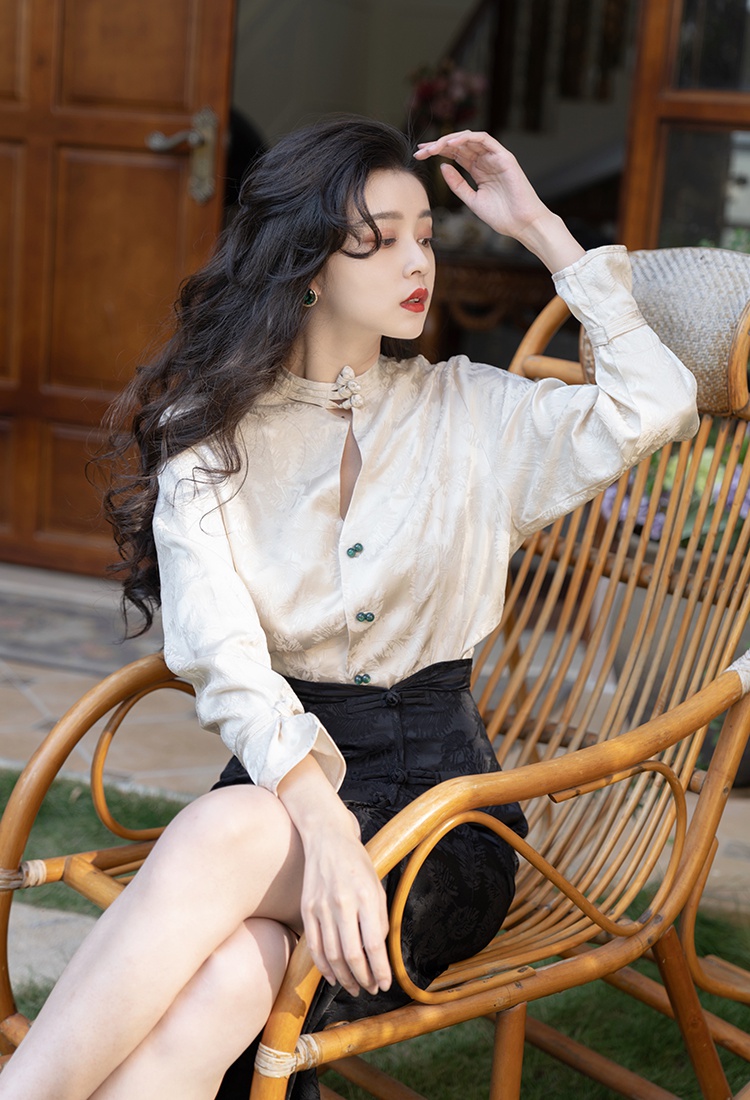 Chinese style high waist short skirt simple jacquard tops