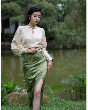 High waist slim short skirt Chinese style jacquard tops