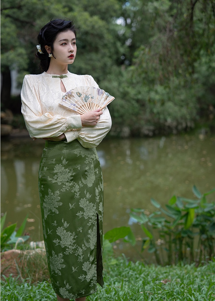 High waist slim short skirt Chinese style jacquard tops