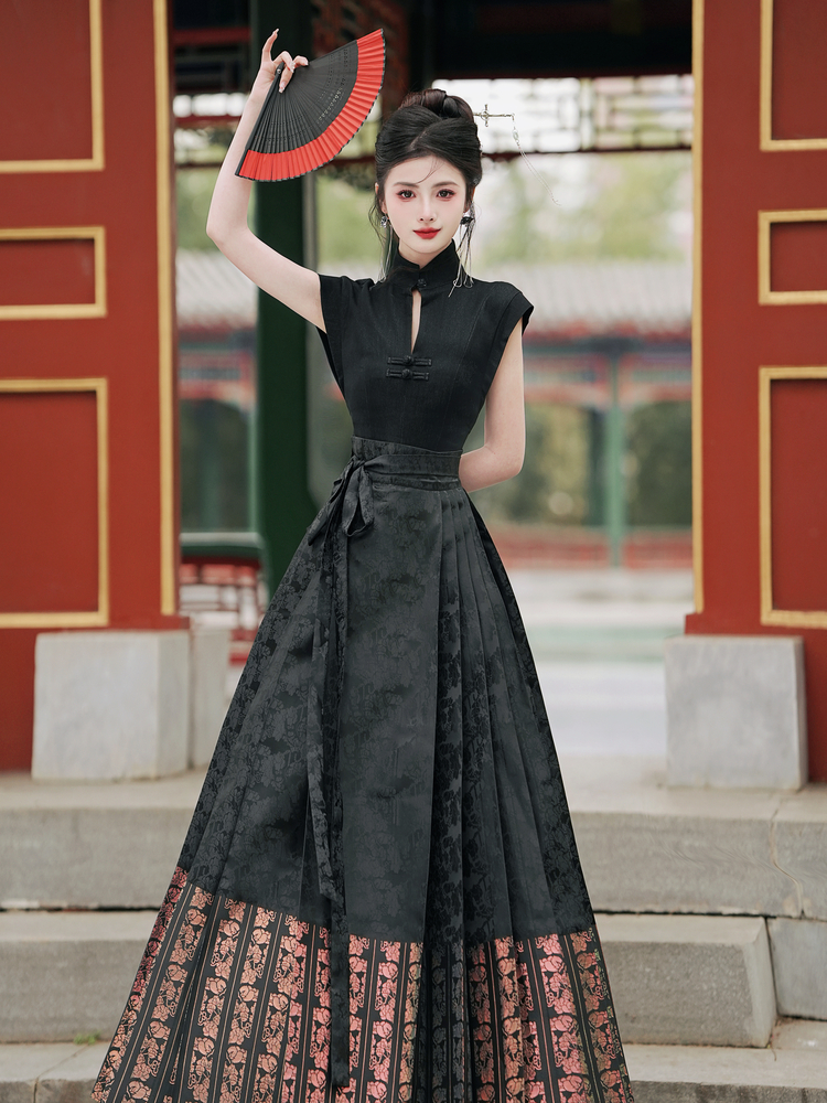 Slim Chinese style horse-face skirt hollow cstand collar tops