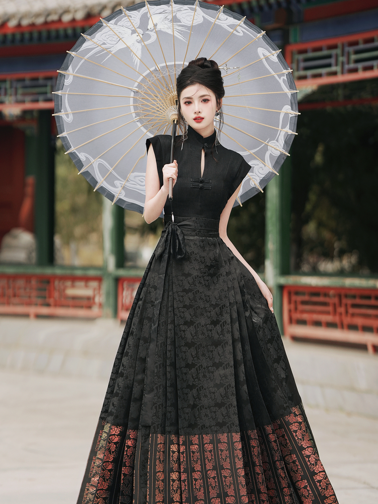 Slim Chinese style horse-face skirt hollow cstand collar tops
