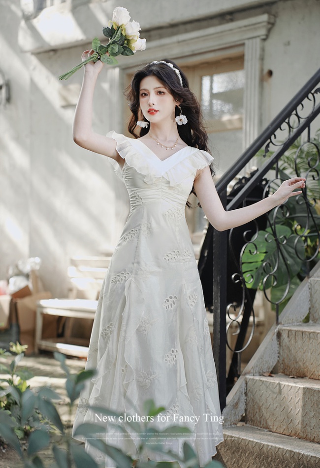 Embroidery hollow white France style dress