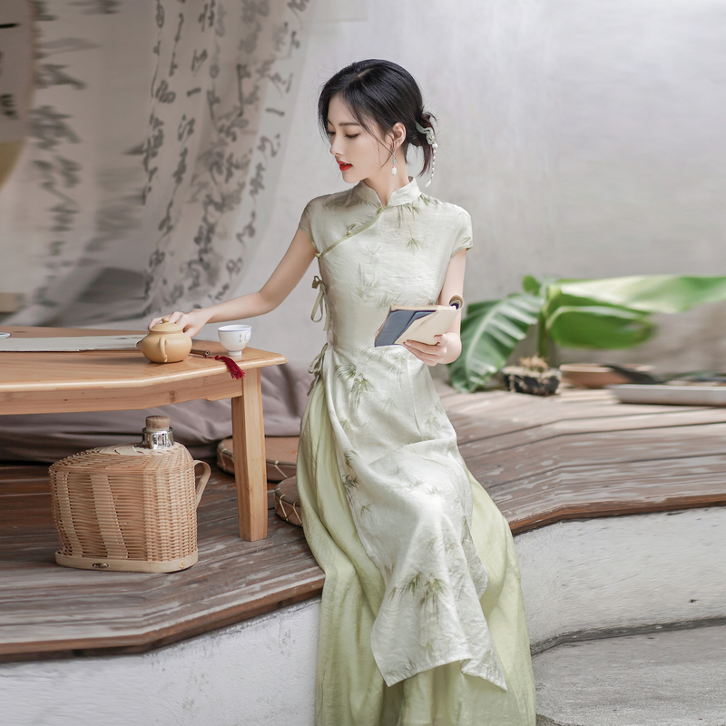 Retro Chinese style cheongsam short sleeve dress a set