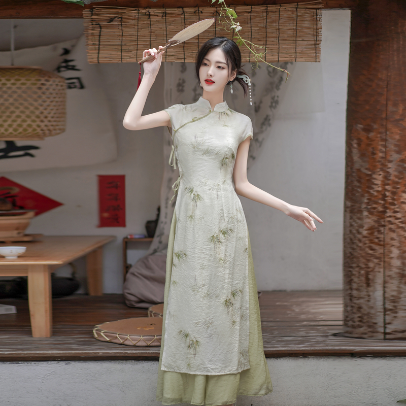 Retro Chinese style cheongsam short sleeve dress a set