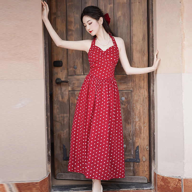 Retro red temperament coat V-neck polka dot dress