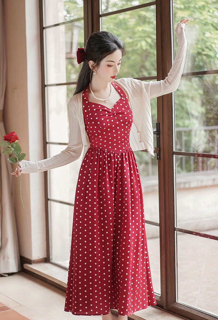 Retro red temperament coat V-neck polka dot dress