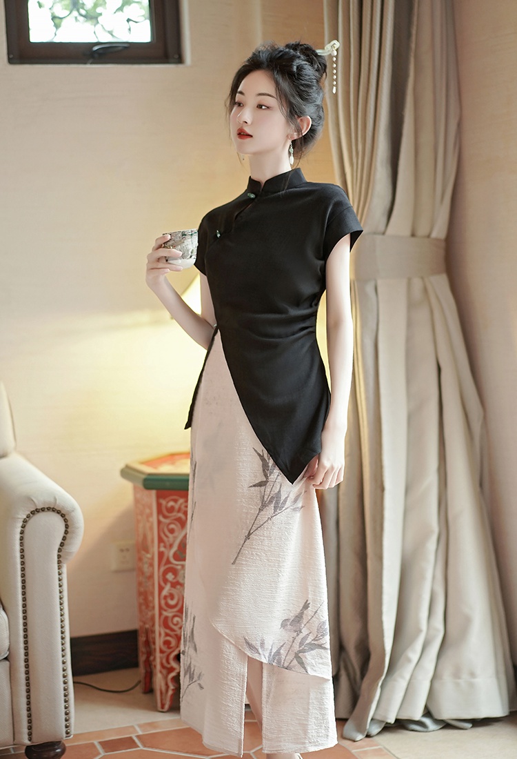 Hollow Chinese style retro black split tops a set