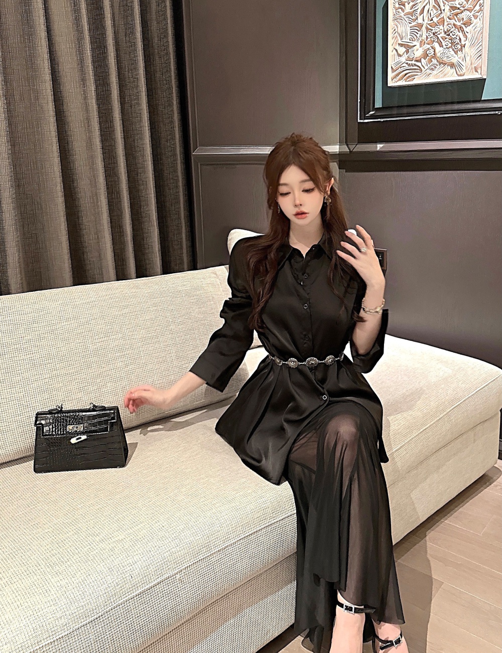 Retro Western style long skirt black shirt 3pcs set
