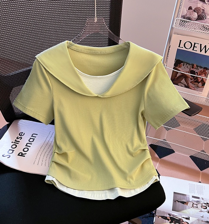 Navy collar mixed colors tops small fellow T-shirt for women
