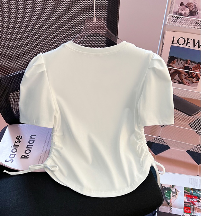 Niche pinched waist tops short puff sleeve T-shirt for women