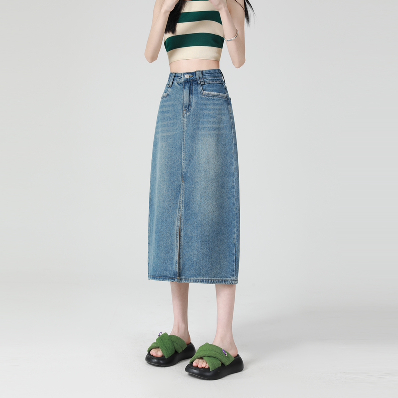 Denim long summer split A-line retro package hip skirt