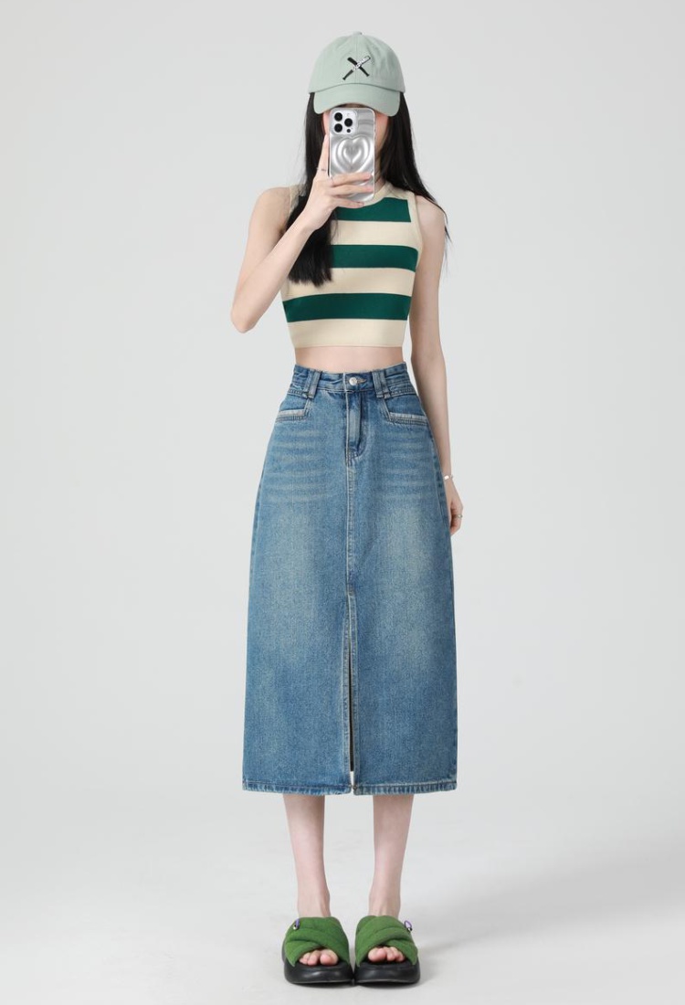 Denim long summer split A-line retro package hip skirt