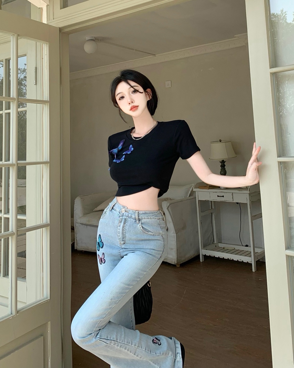 High waist tops stereoscopic T-shirt a set for women