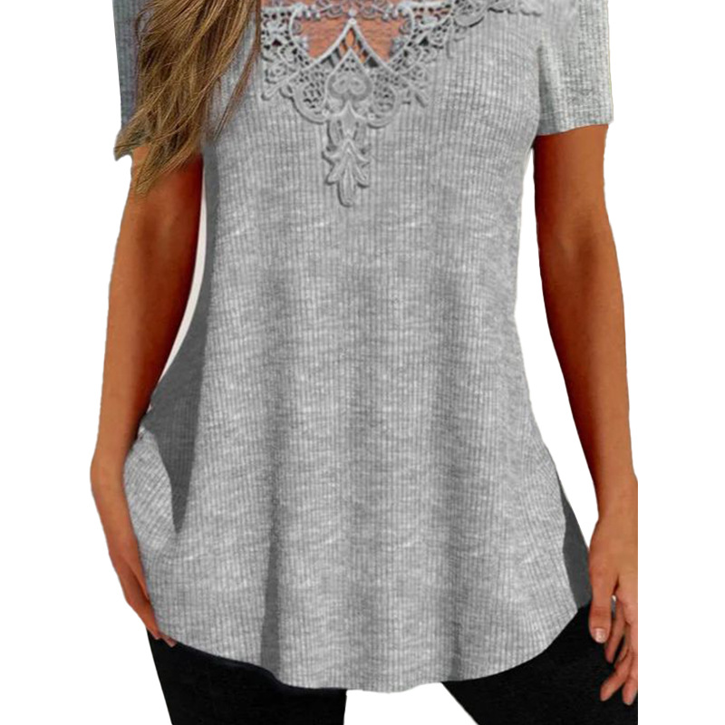 Lace short sleeve European style gray hollow shirts