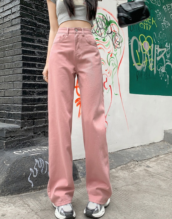 High waist lengthen jeans pink straight pants long pants