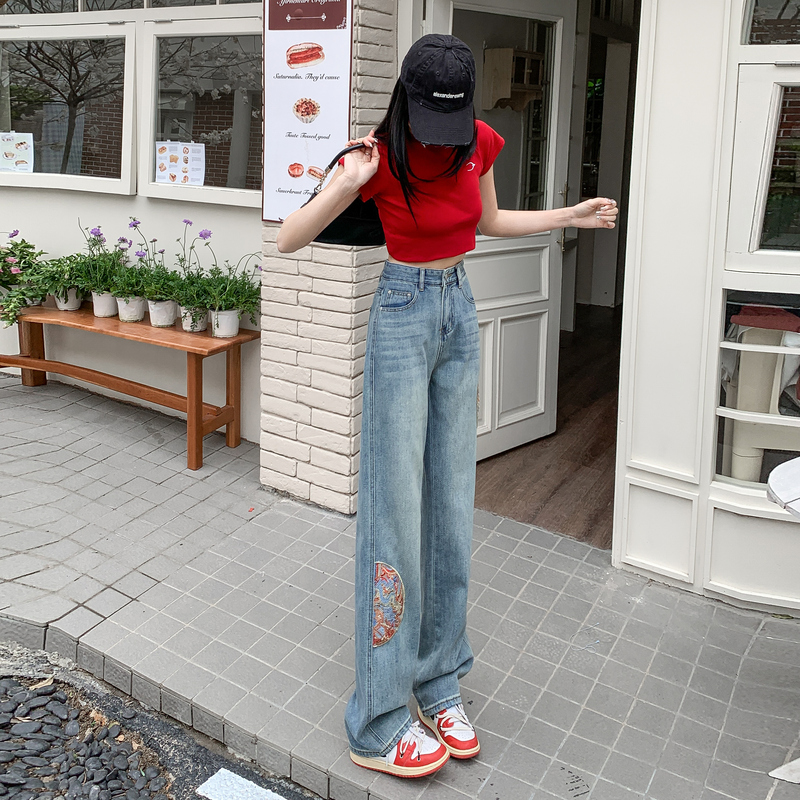 Slim embroidery jeans wide leg long pants for women
