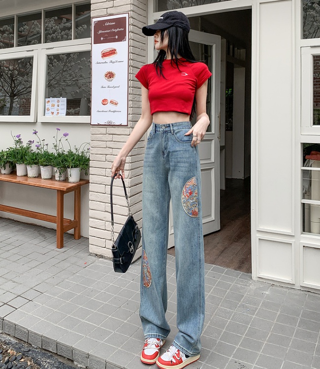 Slim embroidery jeans wide leg long pants for women