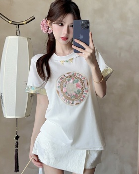 Satin short sleeve T-shirt Chinese style summer tops for women