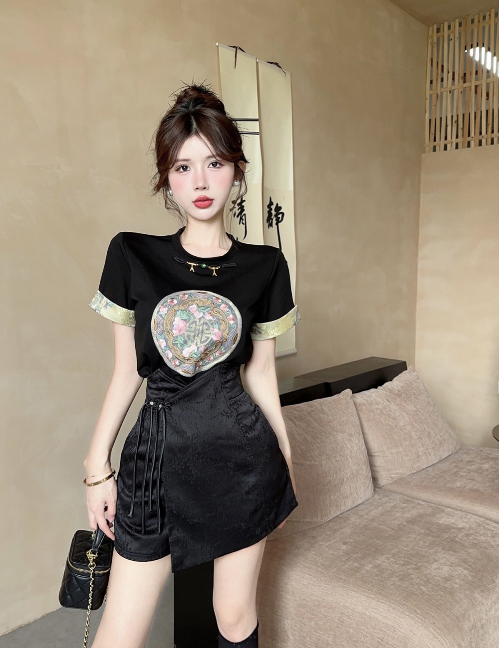 Satin short sleeve T-shirt Chinese style summer tops for women