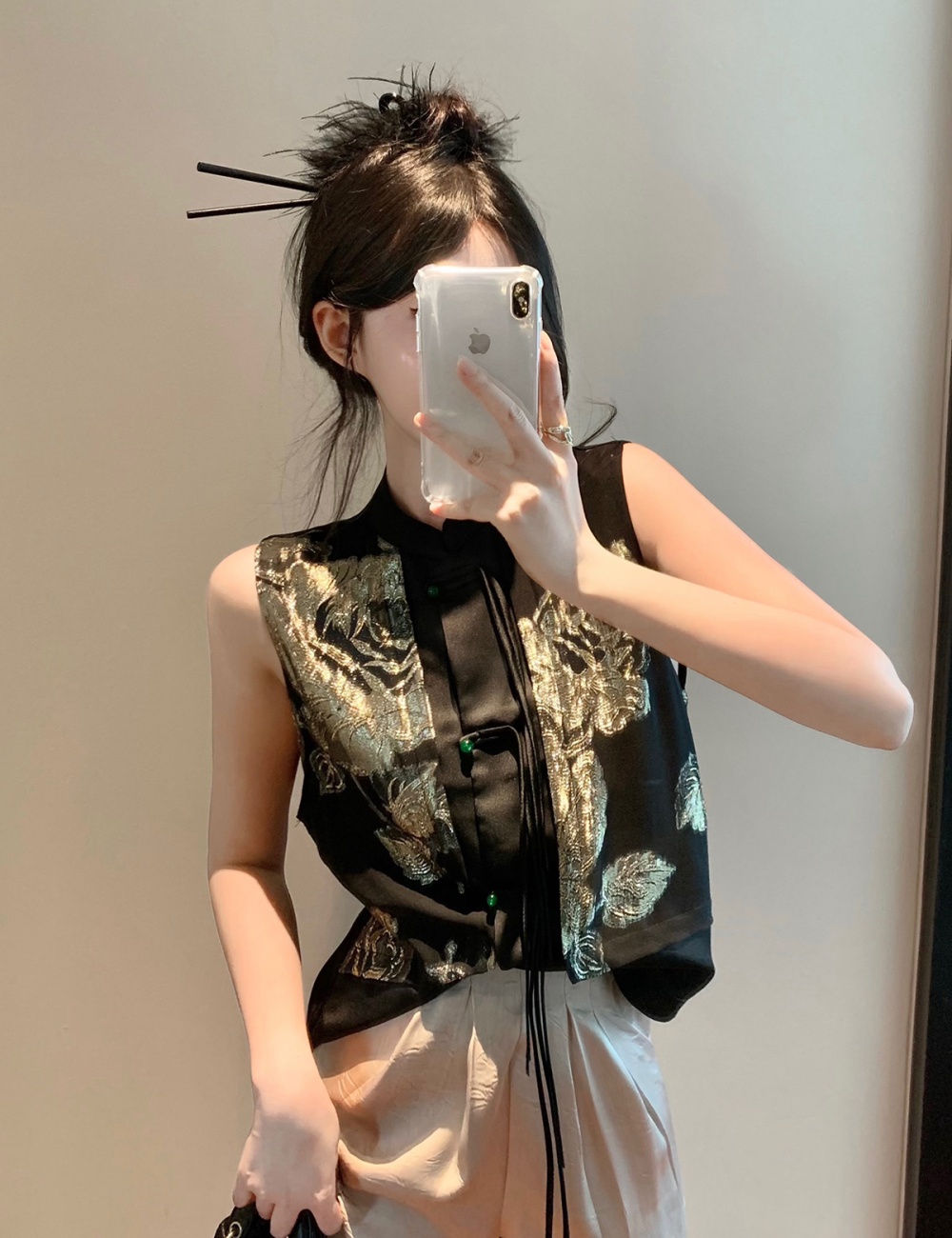 High waist embroidery waistcoat spring Chinese style tops