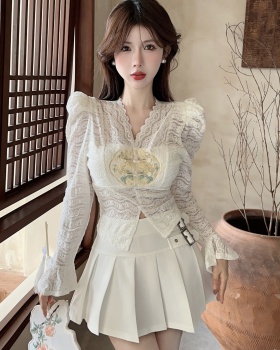 Pleated trumpet sleeves tops lace short skirt for women