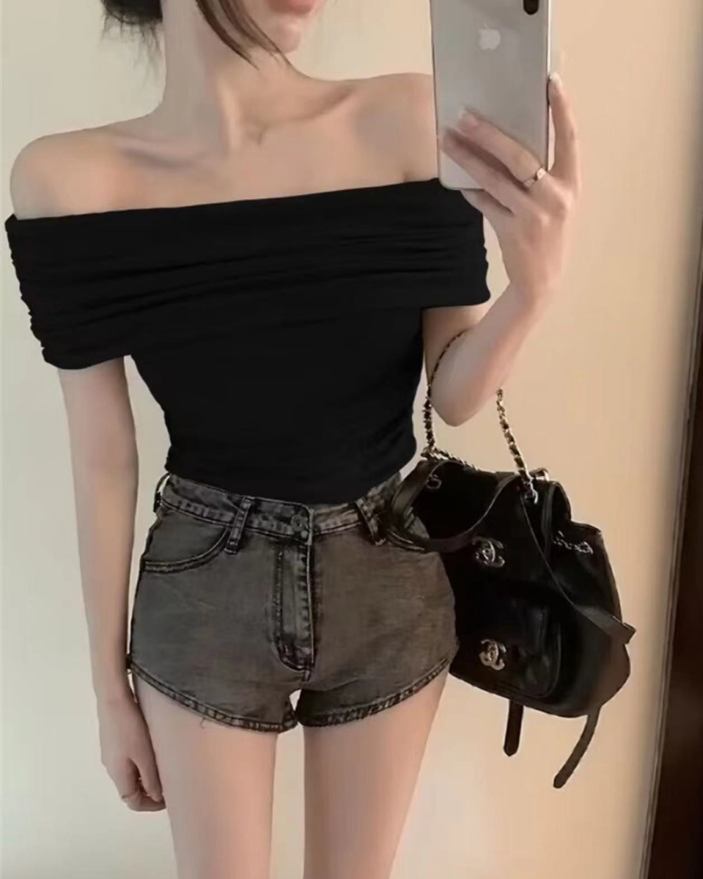 Short unique clavicle T-shirt spring sexy tops for women