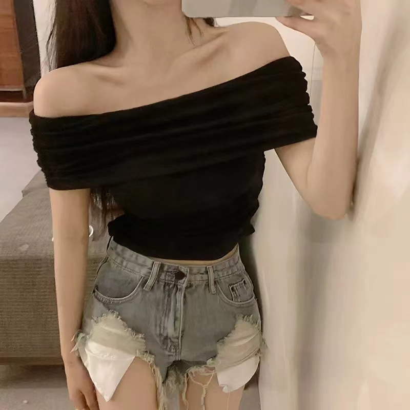 Short unique clavicle T-shirt spring sexy tops for women