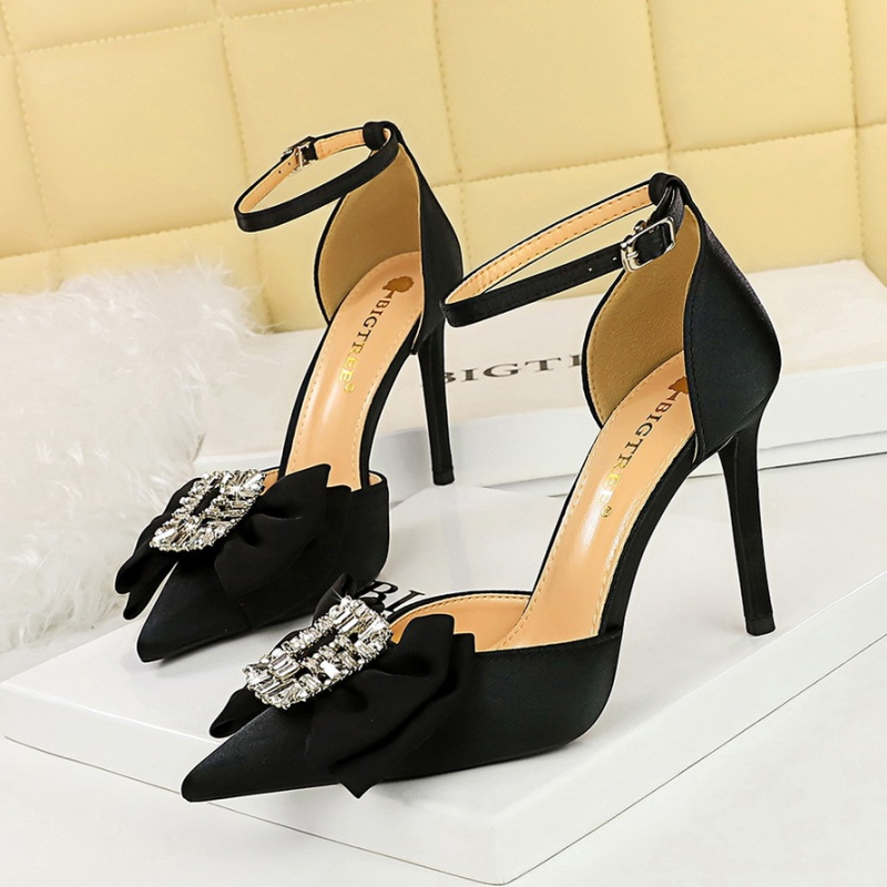 Bow satin sandals rhinestone buckle high-heeled shoes