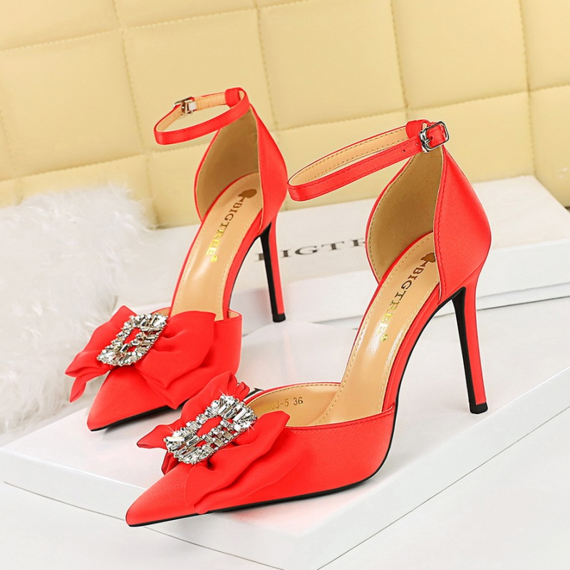 Bow satin sandals rhinestone buckle high-heeled shoes