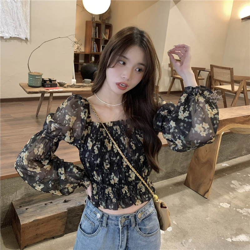 Slim all-match long sleeve shirt floral Korean style tops