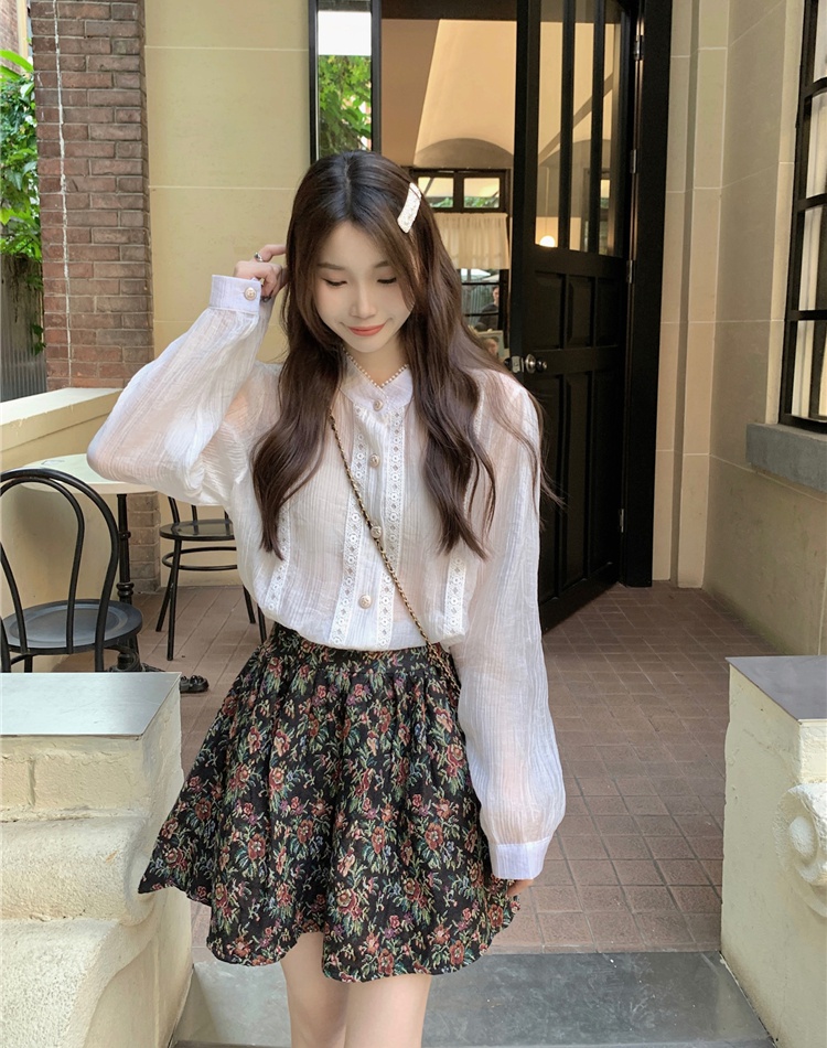 A-line long sleeve lace shirt floral France style retro skirt