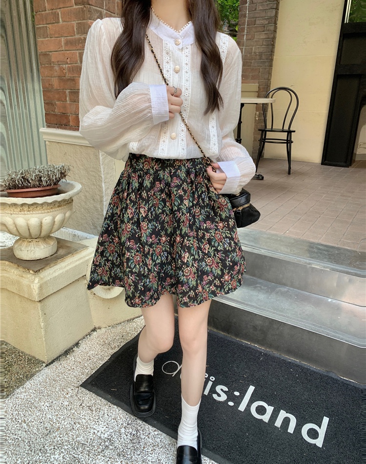 A-line long sleeve lace shirt floral France style retro skirt