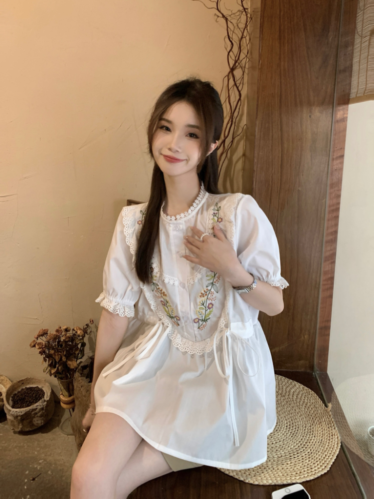 Lace pinched waist doll shirt puff sleeve tops for women