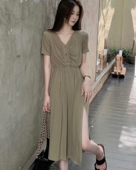 Split fold long dress France style exceed knee dress