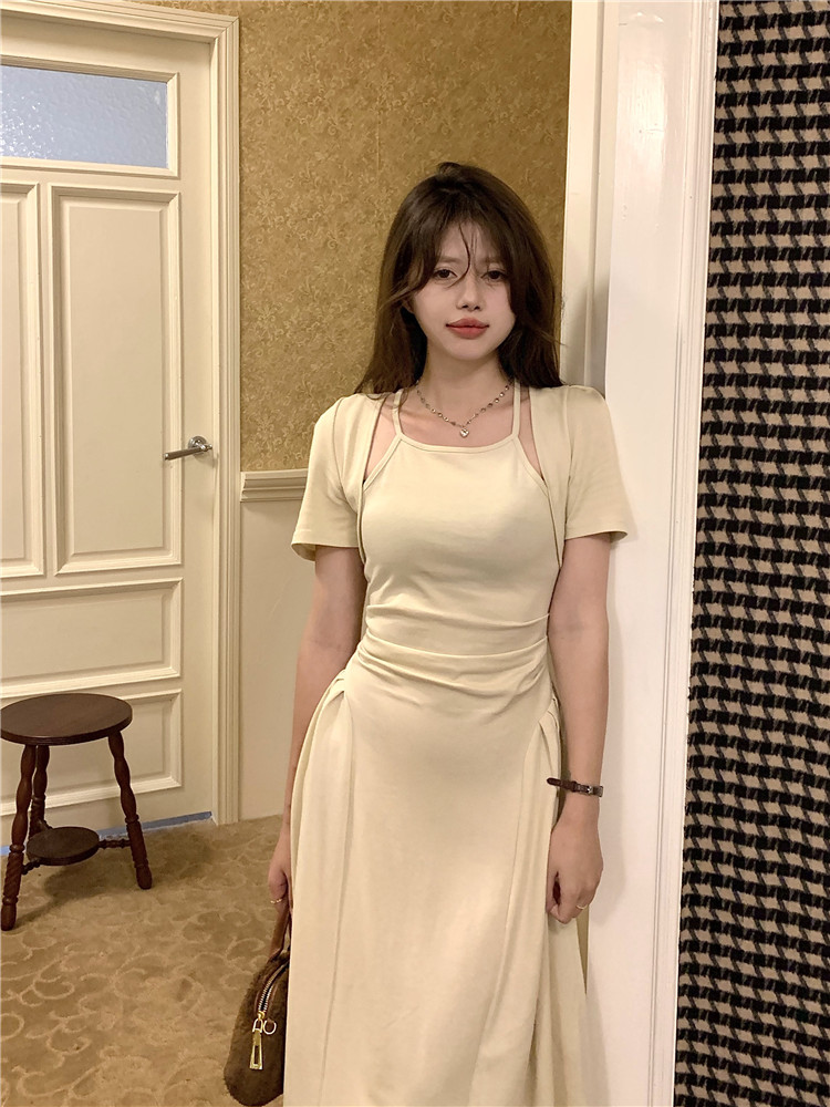 Pseudo-two slim pure fold Korean style dress
