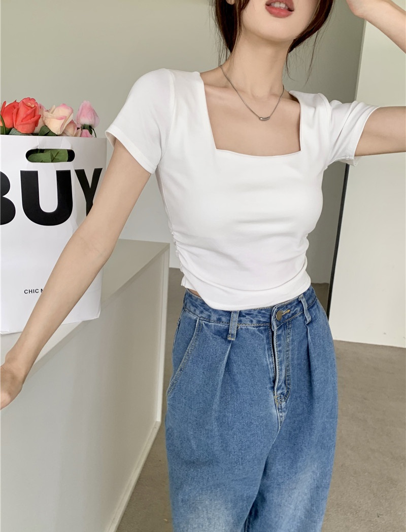 Square collar short T-shirt fold slim tops for women