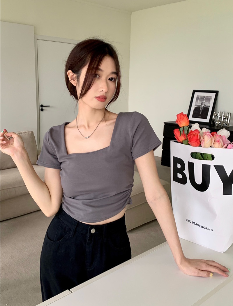 Square collar short T-shirt fold slim tops for women