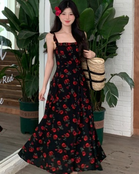 Rose retro strap dress chiffon summer dress for women