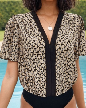 Summer V-neck lotus sleeve European style leotard for women